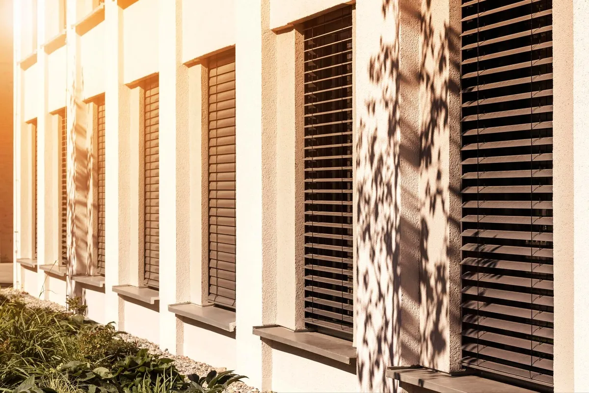 Brise-soleil orientables à lames métalliques baissés sur les fenêtres d'une façade claire, ombre d'un arbre portée sur le mur